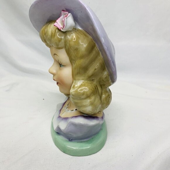 Vintage Lady Head Vase 60s Purple Hat And Dress Blond Hair Neckless Rose MINT - Picture 8 of 9